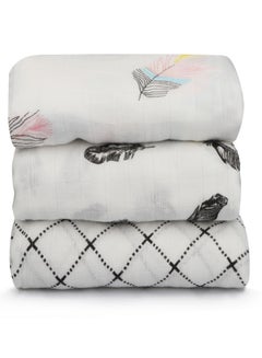 Buy 3 Packs Baby Swaddle Blanket Unisex Swaddle Wrap Soft Silky Bamboo Muslin Swaddle Blankets Neutral Receiving Blanket for Boys and Girls（Colorful Feather/White Square/Black Feather） in UAE
