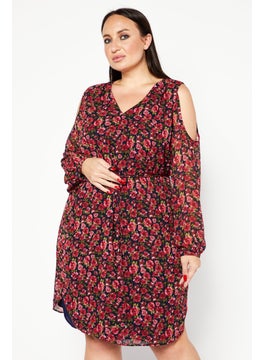 اشتري Women Plus Size Floral Print Long Sleeve Mini Dress, Red/Navy في الامارات