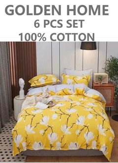 Buy 6-Piece Single Size Cotton Printed Combination Duvet Cover Set Includes 1xFitted Bedsheet 120x200+30cm, 1xDuvet/Bed Cover 160x210 cm, 2xPillowcase 55x80cm, 2xCushion Case 45x70cm Multicolour in UAE