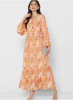 Buy Floral Print Puff Sleeve Tiered Dress in UAE