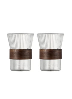 اشتري Glass Coffee Mugs, Hot Drinking Cups (11 oz) with Wooden Non-Slip Rings, Transparent Delicate Stripe Mugs, Lead-Free Drinking Glassware for Lattes, Cappuccinos (2PCS) في الامارات