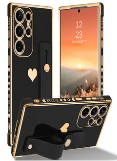 Buy For Samsung S23 Ultra Case Slim Cute Luxury Shockproof with Strap Heart Design Soft Bumper Women Men Girl Protective Phone Cover for Samsung Galaxy S23 Ultra 6.8 inch Wrist Strap Holder Black/Gold in UAE