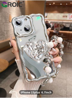 اشتري Compatible with iPhone 15 Plus Case,Mirror Wave Senior Silver Cute Phone Cover with 3D Love Heart Stand,Lens Protection Protector Shockproof Phone Shell for iPhone 15 Plus 6.7 Inch في الامارات