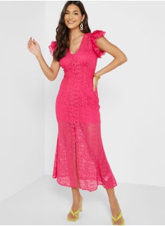 Buy Ruffle Sleeve Button Dress in Saudi Arabia