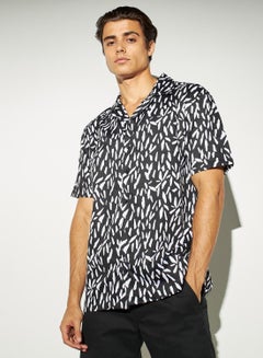 Buy Iconic All-Over Print Shirt with Camp Collar and Short Sleeves in Saudi Arabia