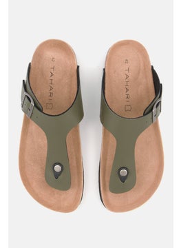 Buy Men Slip On Synthetic Leather Cork Sandals, Army Green/Brown in UAE