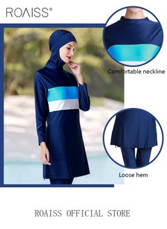 Buy 3 Piece Women Conservative Colorblock Swimsuit Set Muslim Sun Protection Swimwear Swimming Trousers Cap Ladies Loose Beachwear Dress Arab Clothing in UAE