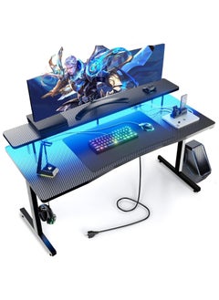 Buy Chulovs 140cm Gaming Desk with RGB LED Lights & Power Outlets, Computer Desk with Monitor Stand, Headphone Hook in Saudi Arabia