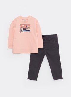 Buy Crew Neck Long Sleeve Printed Baby Boy Sweatshirt and Trousers 2-Pack Set in Saudi Arabia
