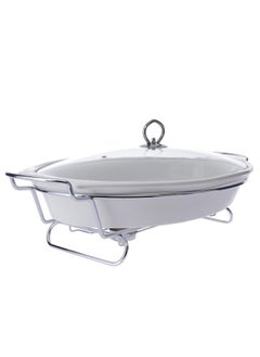 Buy Porcelain Oval Food Warmer With Silver Candle Stand & Glass Lid 3.5 Liter White/Silver in Saudi Arabia