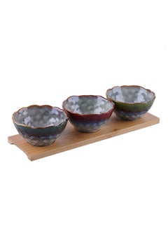 Buy Ocean Reactive Glaze 3 Piece Chip & Dip Set With Bamboo Tray 34X11.5X1.3Cm   Indigo in UAE