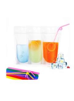 اشتري 100 pcs Disposable Drink Container Set - Reclosable Zipper Plastic Pouches Bags Drinking Bags with Colorful Straws (Transparent) في السعودية