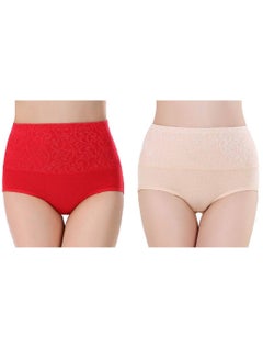 Buy Women's Cotton High Waist Full Coverage Tummy Control Panty Beige/Red in UAE
