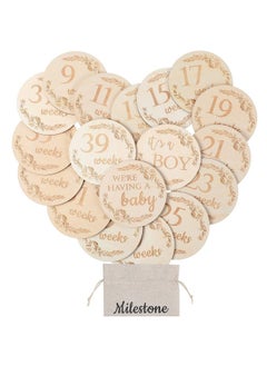 اشتري 19 Pieces Pregnancy Milestone Signs Weekly Baby Bump Tracker 4.7" Milestone Cards Wooden Milestone Discs Double Sided Pregnancy Weekly Signs Neutral Baby Announcement Cards With Bag For Pregnant Moms في الامارات