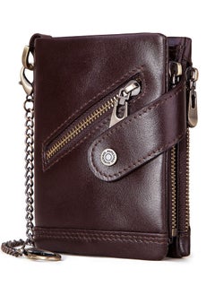 اشتري Mens Chain Wallets with Anti-Theft Chain Chain Genuine Leather RFID Blocking Bifold Wallets with Many Card Slots Zipper Coin Pocket and ID Window Antimagnetic Anti-theft Brush Brown في الامارات