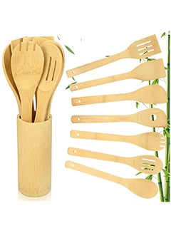Buy 8 Pieces Wooden Spoons Cooking Utensils Sets, Bamboo Wooden Kitchen Cooking Utensilsm, Organic Bamboo Utensils Spoon Spatula Mix Perfect for Cooking, Nonstick Pots,Toast Tongs, Slotted Spoon in Saudi Arabia