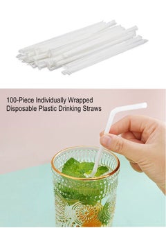 Buy 100 Piece Individually Wrapped Disposable Plastic Flexible Drinking Straws White in UAE