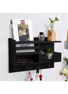 Buy Wall Mounted Key and Mail Holder with 6 Hooks and Storage Drawer - Easy Installation for Entryway and Home Decor (Black) in UAE