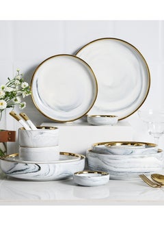 Buy Elegant Marble Gold Rim 18-Piece Dinnerware Set for 3-4 People - Premium Porcelain Set in UAE