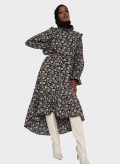 Buy Frill Neck Detail Floral Print Midi Dress in Saudi Arabia