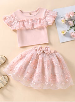 Buy Children's Short Sleeve Panel Lace Top Mesh Embroidered Wave Skirt Two Piece Set in Saudi Arabia
