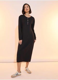 Buy Textured Drop Shoulder Button Detail Midi Dress in Saudi Arabia