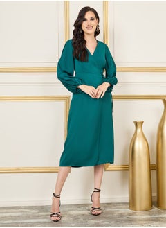 اشتري Satin Slit Sleeves V Neck Wrap Midi Dress في السعودية