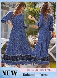 Buy Ladies Dress A-Line Long Sleeves Big Hem Floral Pattern Bohemian Style in Saudi Arabia