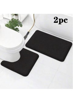 اشتري 2-Pieces Solid Color Toilet Floor Mat Set Absorbent Non-Slip Bathroom Mat Polyester Black 80x50cm And 50x40cm في الامارات