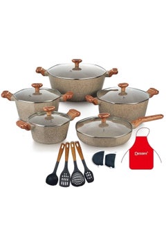 Buy 17-Pieces Granite Coated Cookware Set Includes 20,24,28 & 32cm Casserole With Lid, 28cm Deep Fry Pan with Lid and 7xCooking Tools in UAE