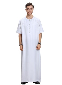اشتري Men's Solid Color Round Neck Short Sleeve Abaya Thobe Islamic Arabic Kaftan White في الامارات