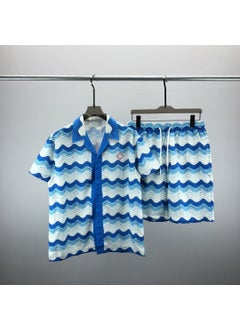 Buy 2023 Mens Summer Casual Gradient Wave Print Shirt and Shorts Set Suit in Saudi Arabia