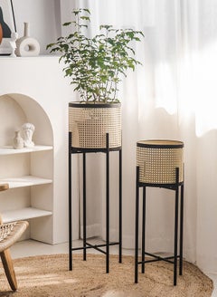 Buy Rattan Imitation Weaving Planter Stand Plant Holder Flower Stand Plant Pot Holder Metal Black Sand Colour with Containers for Indoor and Outdoor Plant 1 Pcs L25xH80xW25 in UAE