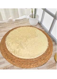 Buy Round Jute & Plush Area Rug | 120 cm Soft Eco-Friendly Natural Fiber Carpet for Living Room & Bedroom - Beige in UAE