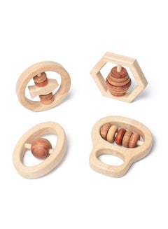 Buy Excefore 4-Piece Montessori Wooden Rattle Toy Set, Handbell Toys For Baby 0 6 12 Months Early Education Natural Wood Puzzle Color Shaker Bell Set in Saudi Arabia