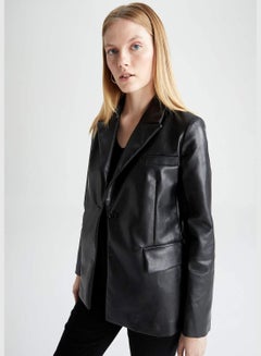 Buy Woman Regular Fit Hoodie Outer Wear PU Jacket in UAE