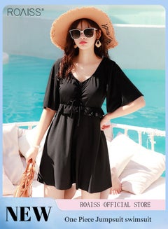 Buy Women's Large Dress Swimsuit Classic V Neck Short Sleeve Design is Fashionable and Loose Interior With Flat Angle Anti Light Shorts in Saudi Arabia