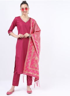 اشتري Embroidered V Neck Kurta and Straight Leg Pant with Printed Dupatta Set في السعودية