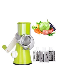 Buy Handheld Rotary Cheese Grater and Manual Vegetable Cutter: Multipurpose Kitchen Tool with Secure Rubber Suction Base, Includes Three Detachable Stainless-Steel Blades, Durable, Easy to Clean in UAE