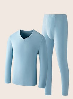 Buy Mens Solid Color Skin Friendly Thick Long Johns Fleese And V-Neck Thermal Underwear Set, 2 Piece Cold Weather Base Layer Set for Men Blue in UAE