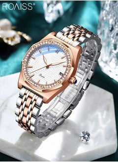 Buy Women's Stainless Steel Strap Quartz Watch Analog Display Round Dial with Rhinestones Decoration Waterproof Elegant Wristwatch as Gift for Women in Saudi Arabia