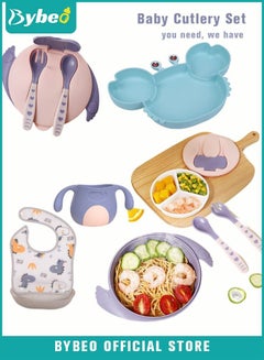Buy 6 Piece Baby Feeding Set - Toddler Bowl with Suction + Silicone Plate + Adjustable Bib + Drinking Training Cup + Spoon and Fork Inflant Self Feeding Supplies Eating Utensils in UAE