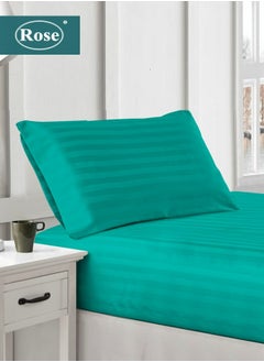 Buy Rose Luxurious Hotel Stripe Fitted Sheet with Deep Pockets and Pillow Case, Bed Sheet 2-Pieces Set, Soft & Silky Microfiber Breathable and Cooling, Extra Twin Size 120x200+35 cm, Turquoise in Saudi Arabia