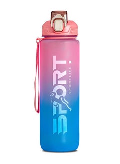 Buy Sports water bottle with a convenient straw for spill proof handle Lock cover & leak Proof used for gym office and outdoor 1liter pink/blue in Egypt