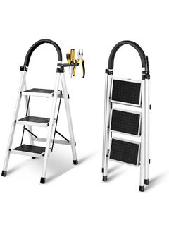 اشتري Foldable Ladder 3 Steps, Home Ladder Folding Step Stool with Wide Anti-Slip Pedal, Adults Folding Sturdy Steel Ladder for Home,Kitchen, Garden, Office في الامارات