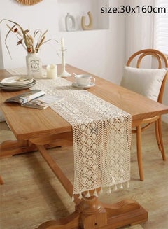 اشتري 1-Piece Vintage with Hollow Out Tassel Crochet Tablecloth Suitable for Dining/Coffee Tables and Side Cabinets Cotton Material Beige 30 x 160 Centimeter في الامارات