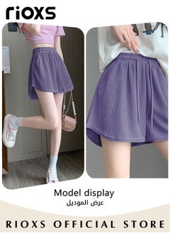 Buy Women's Summer Casual Loose Shorts Solid Color High Waisted Wide Leg Shorts Striped Casual Slim Shorts in UAE