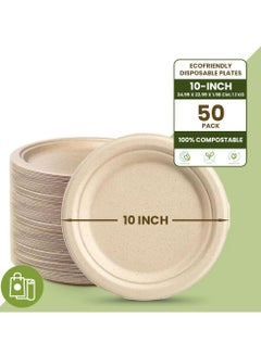 Buy Ecoway [10 Inch - Pack Of 50] Disposable Plates Made With Bagasse Sugar Canes Microwave & Freeze Safe, Compostable & Biodegradable Dinner Plates, Everyday Tableware Strong & Large Brown in UAE
