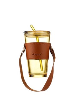 Buy Voidrop- 1pc Glass Tumbler 500ml with Glass Straw and Lid, Glass Cup with Leather Sleeve, Glass Coffee Mugs for Straw and Direct sip Dual Use, Summer Travel Essential Bottle in UAE