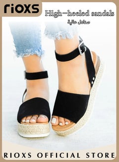 Buy Women's Hollow Roman Wedge Sandals Round Open Toe Sandals Summer Comfortable Buckle Sandals in Saudi Arabia